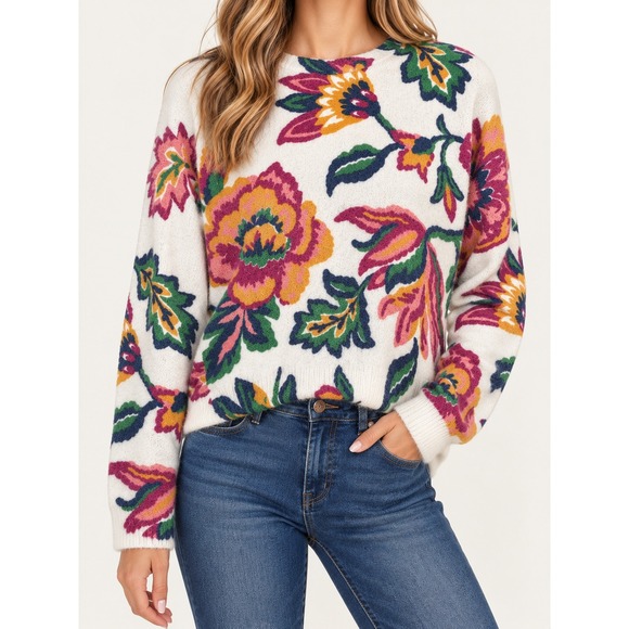 CeCe Sweaters - CeCe Floral Intarsia Sweater Womens Medium Ivory Pink Fuzzy Knit Botanical Print